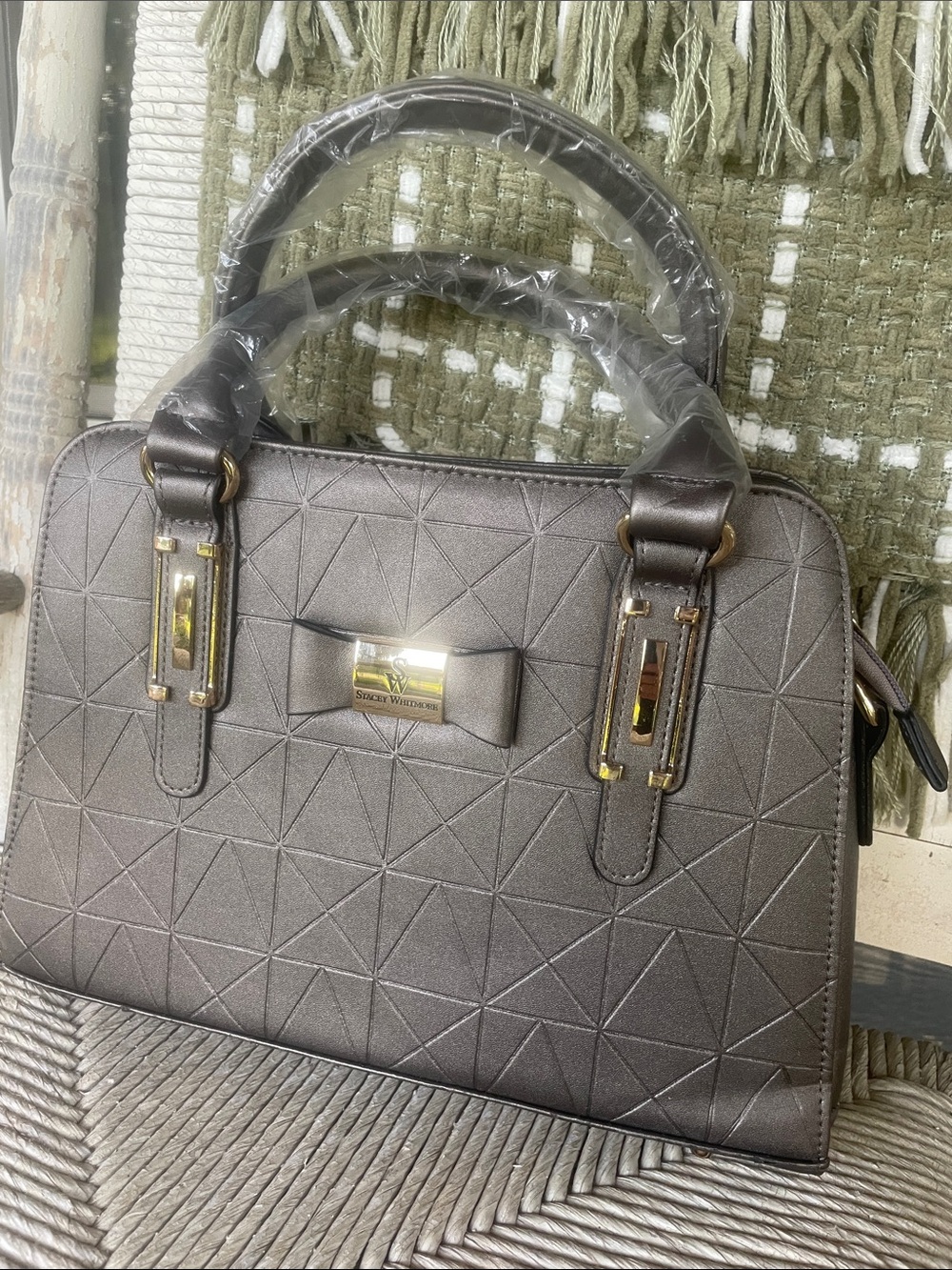 Sleek Structured Satchel in Metallic Taupe with Bow Accent